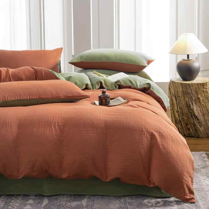 ベッドシーツセット 全綿 4点セット 二層 加厚 純綿 色織り 単色 切り替え シンプル 高級感 寝室用 日..