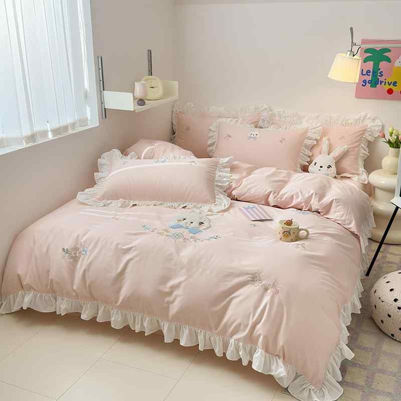 ベッドカバー キッズ 綿100% 加厚 ウォッシュコットン 爽やか花柄 フリル プリンセス風 刺繍 4点セット..