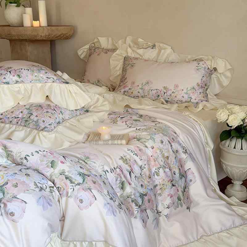 ベッドシーツ エレガント プリンセス風 ガーリー 寝具セット 四件セット 純綿 長繊維綿 花柄プリント ..
