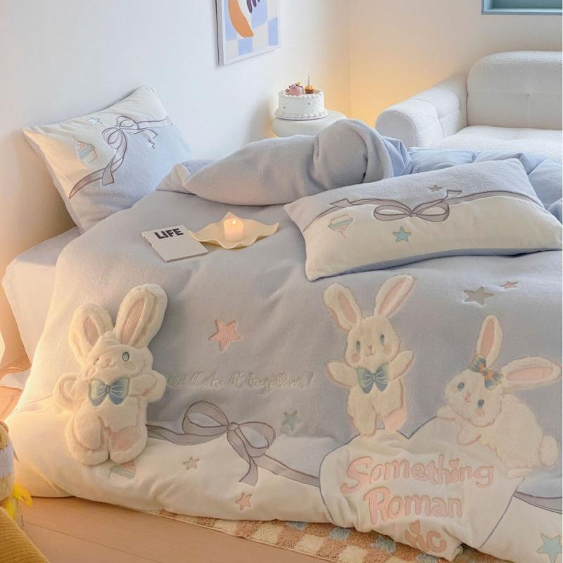 ベッドセット キッズ 秋冬 かわいい 刺繍 超柔らかい 再生繊維 4点セット 掛け布団カバー シーツ 暖か ..