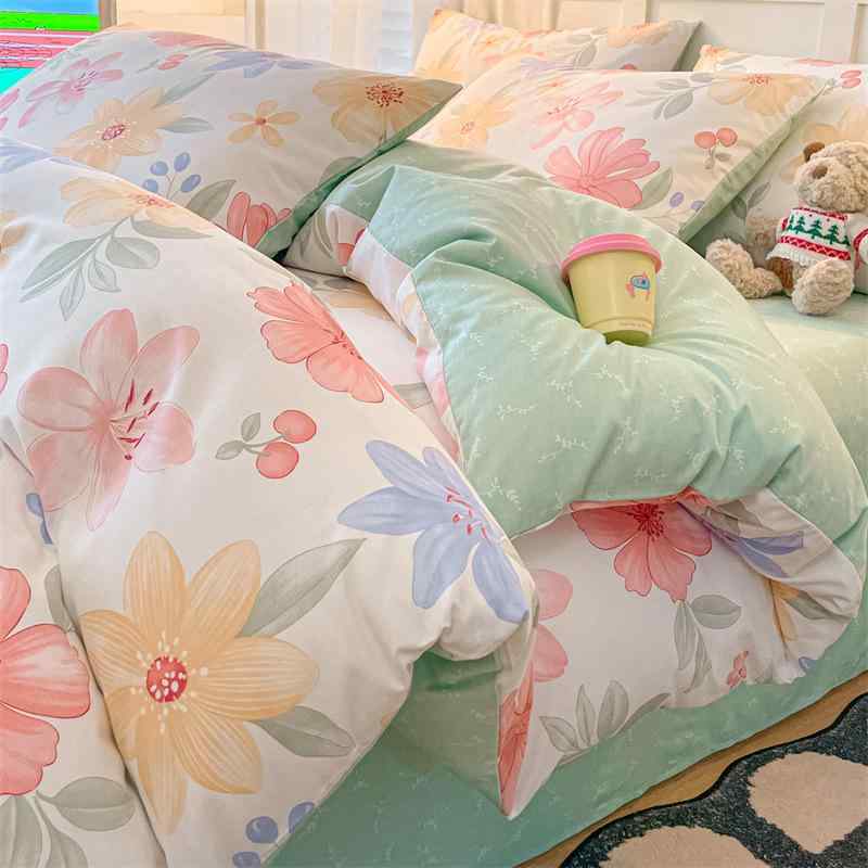 寝具セット シングル 秋冬 花柄 純綿 ベッドカバー シーツ 枕カバー 4点セット 学生寮 部屋着 通年 軽..