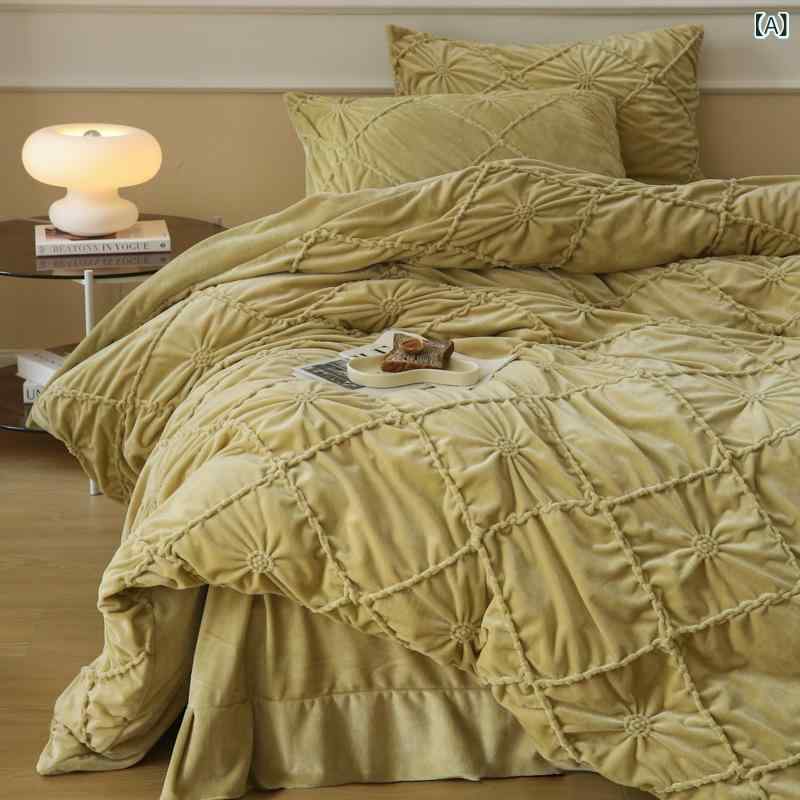 秋冬 寝具 4点セット 加厚 珊瑚ベルベット 再生繊維 立体花柄 シンプル 無地 暖か ふんわり 吸湿 速乾 通年 室内 ベッドルーム ファミリー ユニセックス [2]