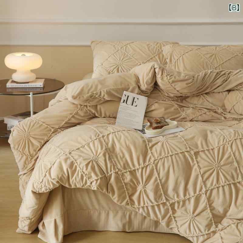 秋冬 寝具 4点セット 加厚 珊瑚ベルベット 再生繊維 立体花柄 シンプル 無地 暖か ふんわり 吸湿 速乾 通年 室内 ベッドルーム ファミリー ユニセックス [3]