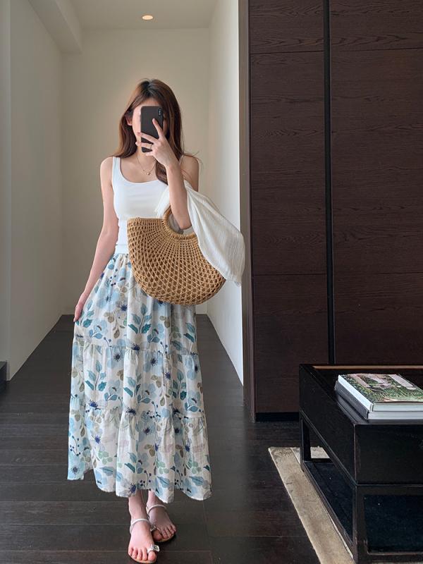 レディース スカート ロングスカート ティアードスカート マキシ丈 花柄 テンセル リネン 麻 細見え 上品 高見え 大人可愛い きれいめ 楽ちん 春夏