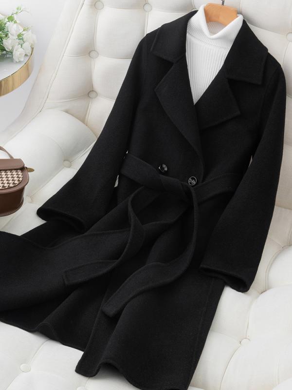 コート レディース 秋冬 ダブルフェイス 羊毛 中長丈 スリム ウール 外套 暖か 防寒 スタイリッシュ 日常使い 通勤 コーデ ニット ボトムス 合わせ レイヤード ロング丈 膝下 丈感 ふんわり シルエット 軽やか 着心地 柔らか 肌触り ベーシック