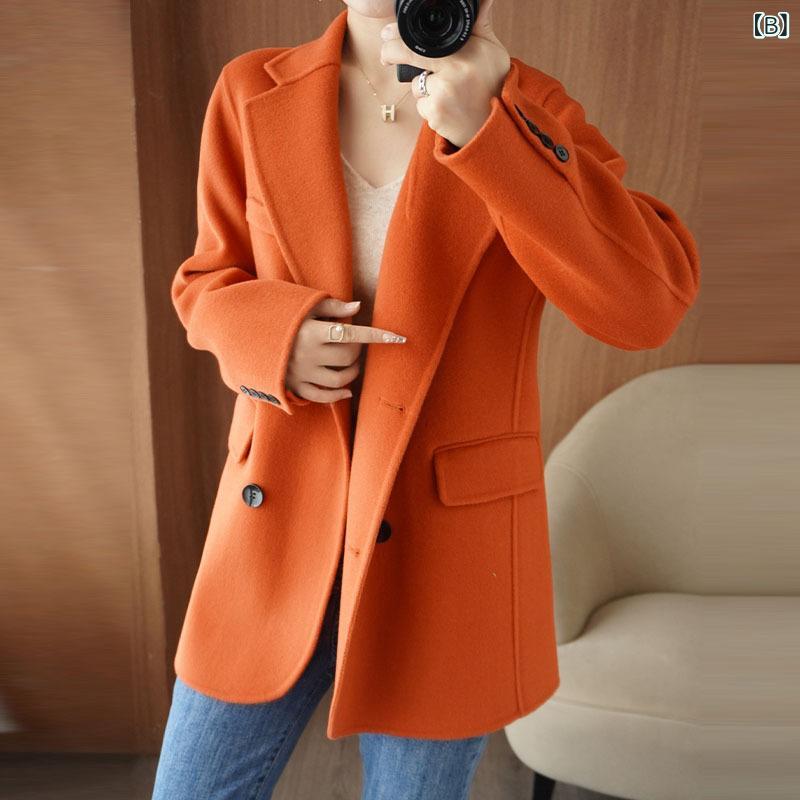 秋冬 レディース ダブルフェイス 羊毛コート ショート丈 小柄対応 ルーズフィット 上品 ウールツイード スーツアウター 軽量 暖か 通勤 秋冬コーデ