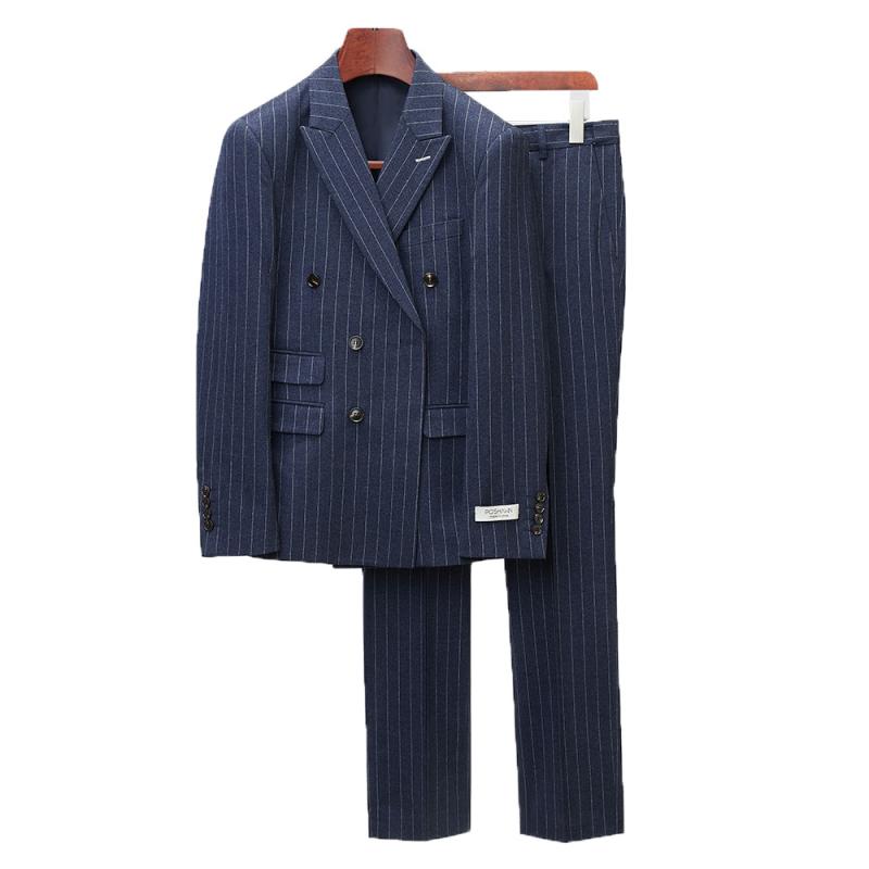 メンズスーツ 宝藍色 ストライプ柄 ダブルブレスト 韓国風 カジュアル ビジネス 通勤 2ピースセット ジャケット トラウザース