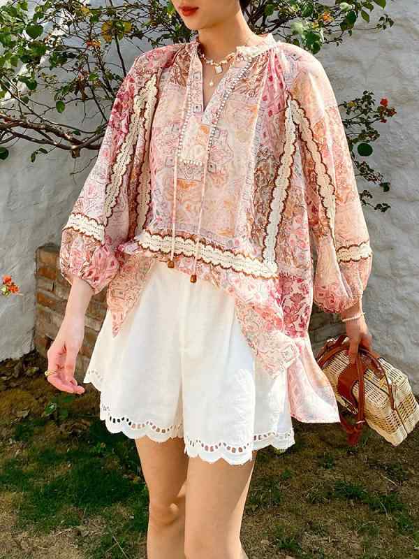 レディース シャツ ブラウス トップス UVカット ゆったり ボヘミアン プリント 総柄 リゾート フレンチ エスニック 体型カバー 大人可愛い カジュアル 旅行 海 ビーチ 春夏