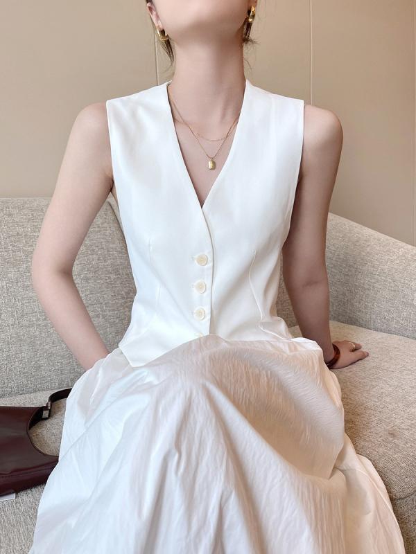 レディース ベスト ジレ Vネック ノースリーブ 前開き トップス フレンチヴィンテージ風 レトロ 無地 上品 カジュアル きれいめ 大人可愛い ホワイト 夏(4.0)