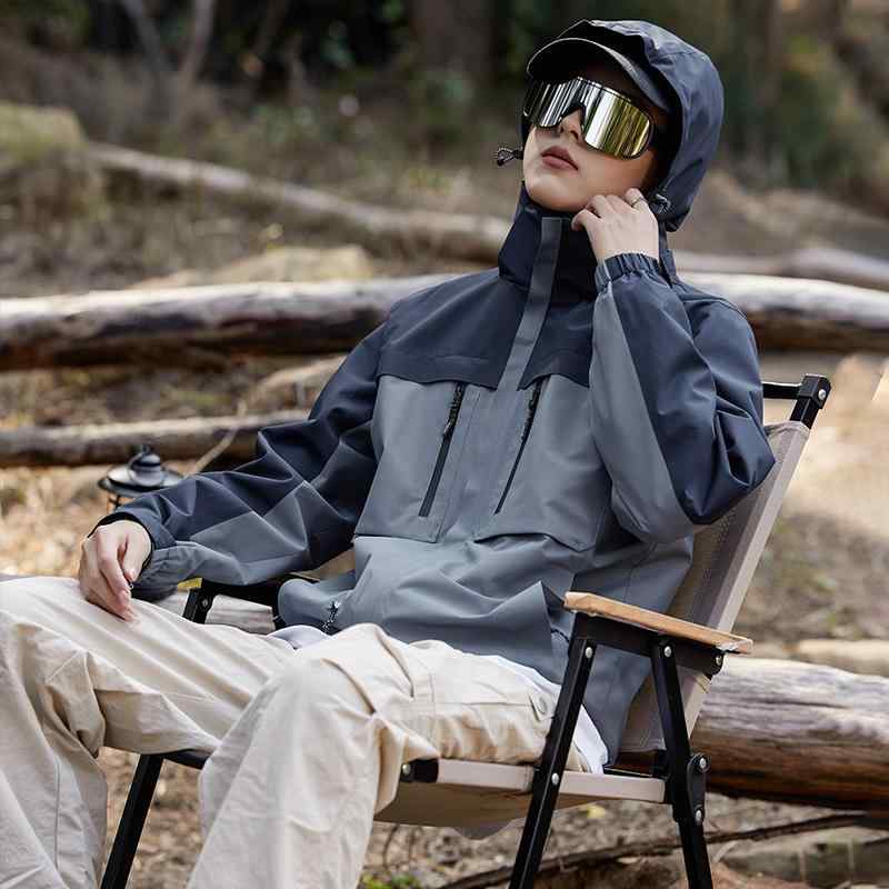 Outdoor Jacket, Unisex, Spring/Autumn, Hooded, Windproof & Waterproof, Two-Tone, Lightweight, Casual Windbreaker, Sports, Leisure, Hiking, Trekking, Single Layer, Paneled Design