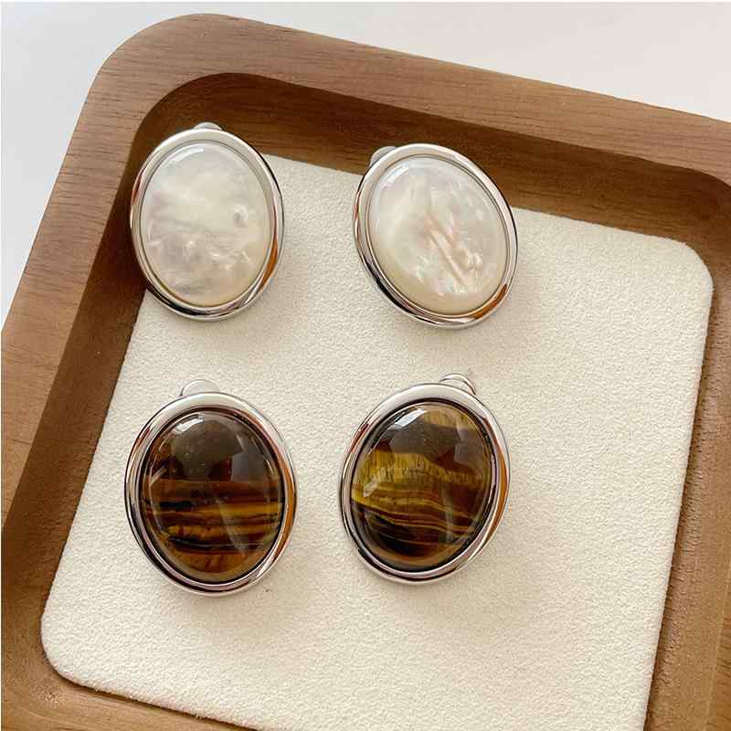 レディース イヤリング 虎眼石 楕円形 レトロ 大胆 シルバー針 ユニーク 耳飾り アクセサリー 天然石 ..