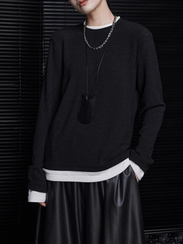 Shirts - レディース トップス カットソー フェイクレイヤード 重ね着風 クルーネック 長袖 上品 きれいめ 高見え カジュアル オフィス 通勤 春 秋 グレー