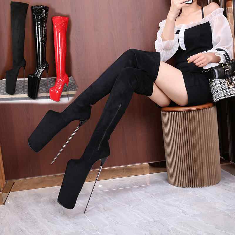 レディース 膝上ロングブーツ ブラック 金属細ヒール 弾力素材 大きめサイズ 女性用 ファッション ハイヒール ロング丈 ストレッチ 黒..
