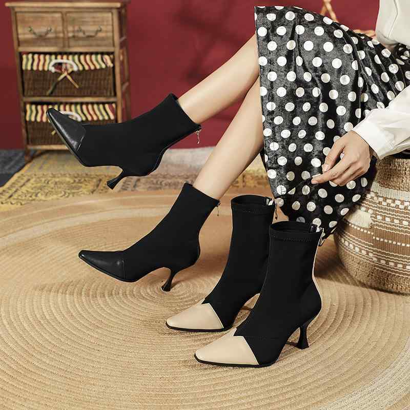 ショートブーツ レディース 秋冬 切り替え スクエアトゥ 弾力 ハイヒール 細ヒール スモーキングシューズ スリムフィット 伸縮性素材 ファッション 韓国風 女性用 短靴 吸湿速乾
