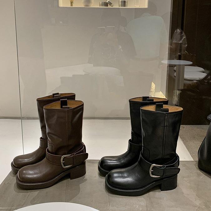 ブーツ レディース ショート ミッドカット レトロ サイドバックル 厚底 ウエスタン デニム バイカー 韓国風 インフルエンサー