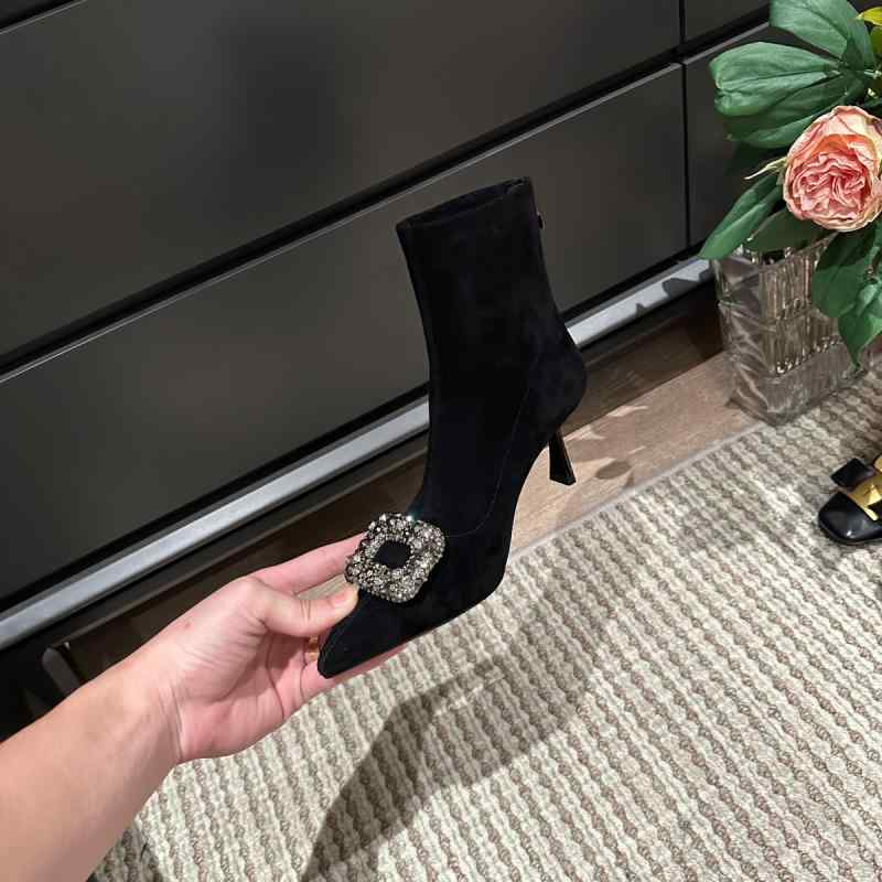 秋冬 レディース アンクルブーツ ポインテッドトゥ 細ヒール ラインストーン スクエアバックル 伸縮素材 スリムシルエット ベルベット フランネル ハイヒール 接触冷感 軽量 通勤 秋冬コーデ 女性用 細身 スタイリッシュ ポインテッド シューズ ブーツ