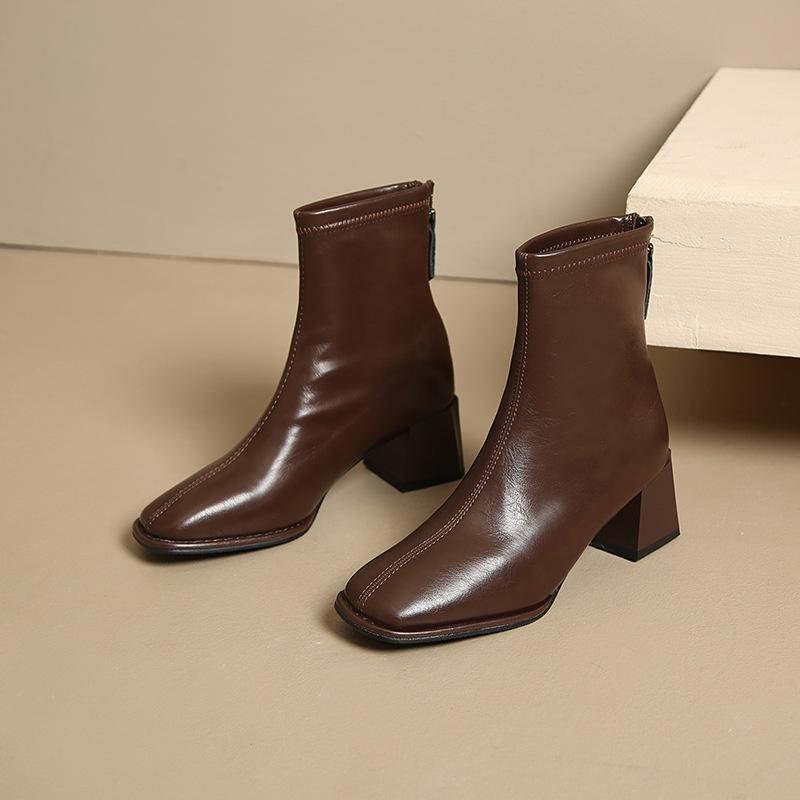 秋冬 アンクルブーツ レディース スクエアトゥ 太ヒール 後ろジッパー 暖か スリム ファッション ショート 矮筒 女性靴