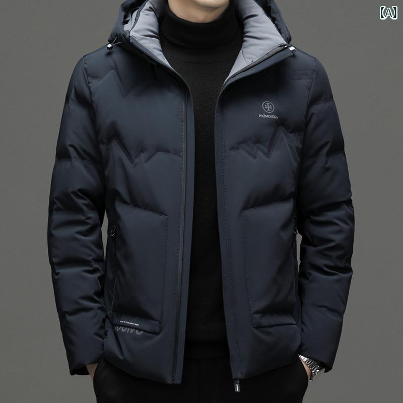 秋冬 メンズ ダウンジャケット ミドル ショート丈 フード付き 防寒 厚手 暖か コート 軽量 吸湿速乾 再生繊維
