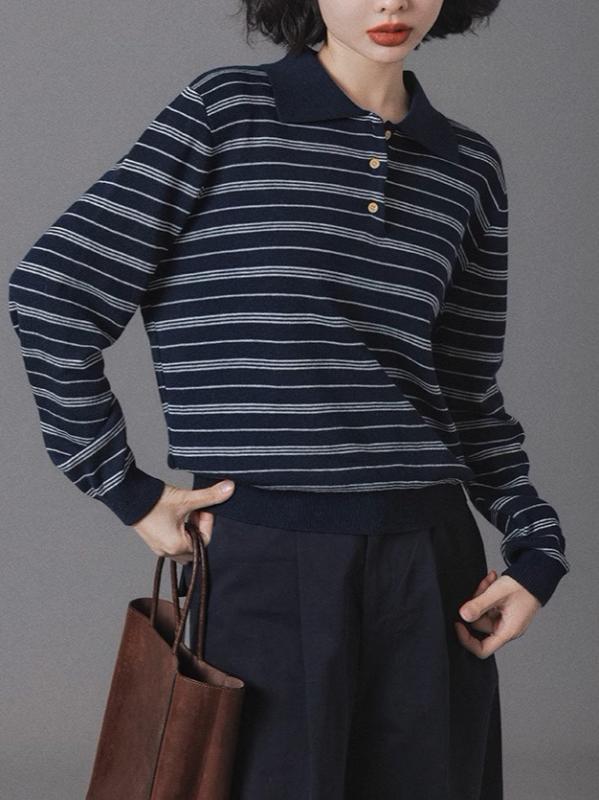 Shirts - レディース ニット セーター ポロ襟 長袖 ストライプ ボーダー マルチカラー ゆったり 細見え レトロ 大人可愛い カジュアル トレンド 着回し 春 秋 トップス 襟付き プルオーバー
