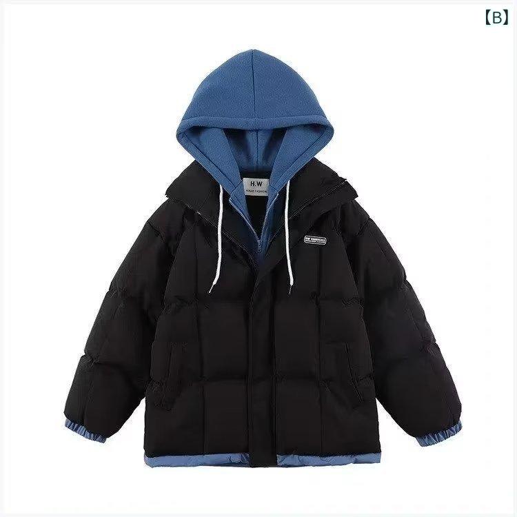 秋冬メンズダウンジャケット オーバーサイズ アメリカンスタイル 偽2着風 コットン素材 カジュアル ユース ストリートファッション 軽量 暖か トレンド 外套 青少年 休闲 羽绒服