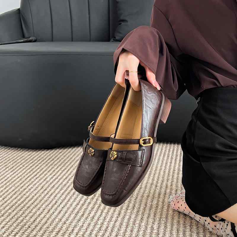 メアリージェーンシューズ レディース 太ヒール ストラップ レトロ ツバキ柄 フランス風 通勤 革靴 イージーオン 楽ちんシューズ 接触冷感 軽量 吸湿速乾 ハイウエスト