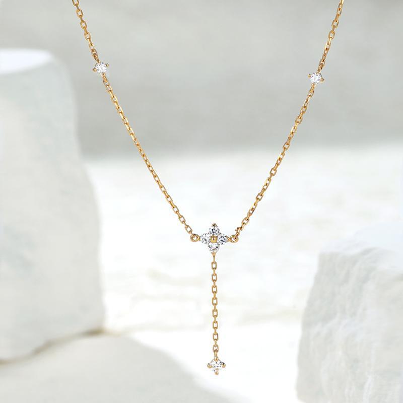Rhinestone - ネックレス レディース 四つ葉クローバー ジルコニア ペンダント 鎖骨チェーン 秋冬 セーター 純銀 18K金メッキ シンプル クール感 デコルテ アクセサリー ジュエリー シルバー ゴールド 幸運 モチーフ 細身 レイヤード