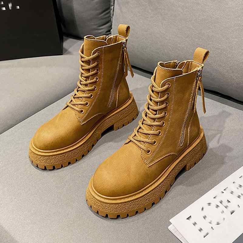 アンクルブーツ レディース 秋冬 英国風 イエロー 本革 厚底 太ヒール 隠れ増高 裏起毛 暖か 英伦スタイル ショートブーツ ロングブーツ メンズ風 女性用 黄色 革靴 チャンキー インソール フリースライニング 通勤 通学 アウトドア 軽量 高級感