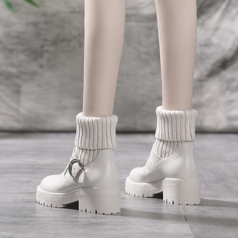 ショートブーツ レディース 秋冬 本革 厚底 インソール 高さ増し 起毛 保温 弾力 切り替え ニット 太ヒール 大きめサイズ 毛糸 アンクル 暖か 伸縮 通勤 日常 履き心地 軽量 耐久