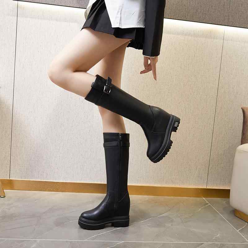 ロングブーツ レディース 秋冬 革 ライダーブーツ 隠しヒール 10cm スリム コーディネート ハイカット 長筒 騎士風 スタイリッシュ 足長効果 どんな服にも