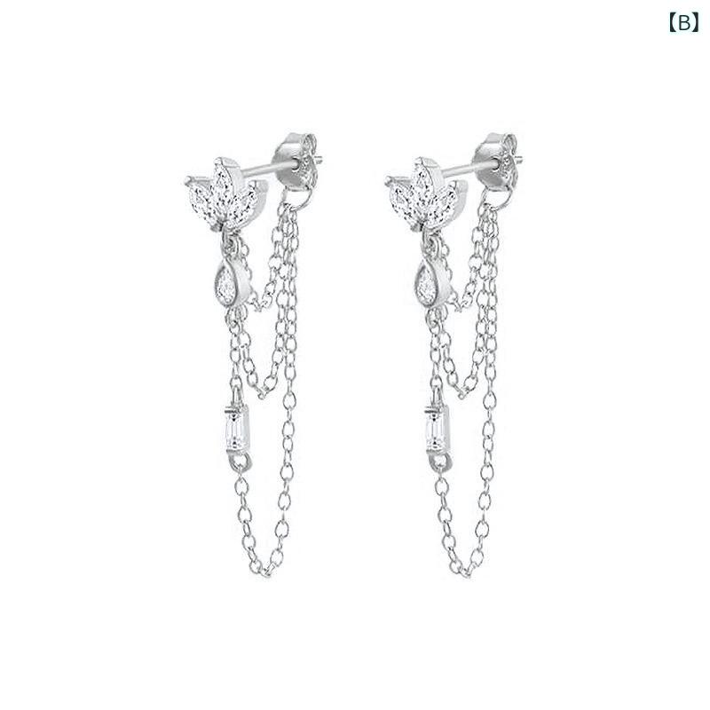 イヤリング レディース シルバー タッセル チェーン ジルコニア 後ろ掛け クール スタッド 耳飾り トレンド デザイン 淡い風 アクセサリー 女性用 ファッション ジュエリー シンプル モダン 洗練 軽量 日常使い 通勤 デート ギフト 誕生日 記念日