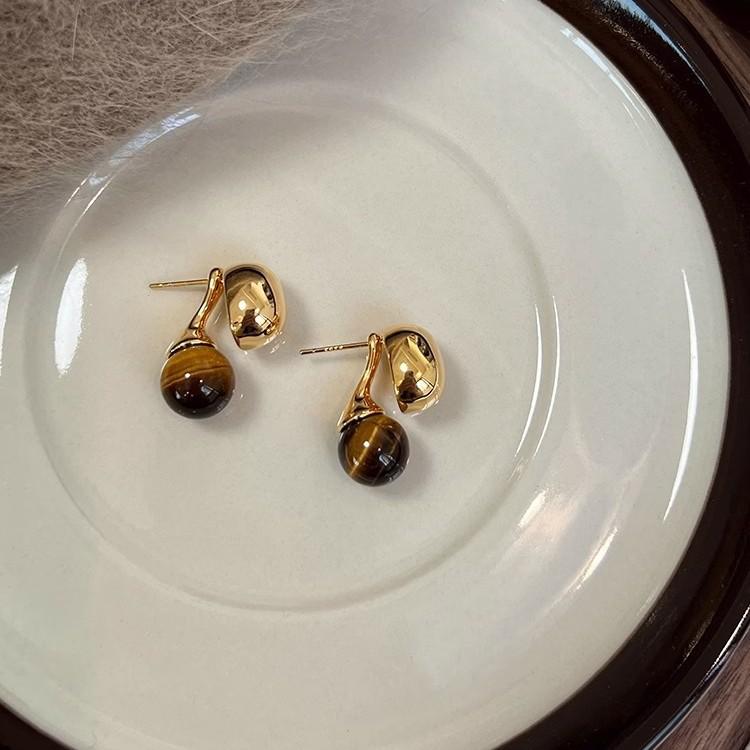レディース イヤリング スタッドピアス 虎眼石 天然石 金属 小豆形モチーフ 個性派 デザイン 高級感 エ..
