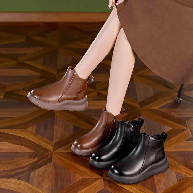 レディース ショートブーツ 秋冬 レザー ブラウン レトロ 柔らかい底 履きやすい 大きいサイズ 通勤 デイリー アウトドア 吸湿速乾 軽量 ハイカット サイドジップ 防水加工 スタイリッシュ コーデ 合わせやすい 足元おしゃれ