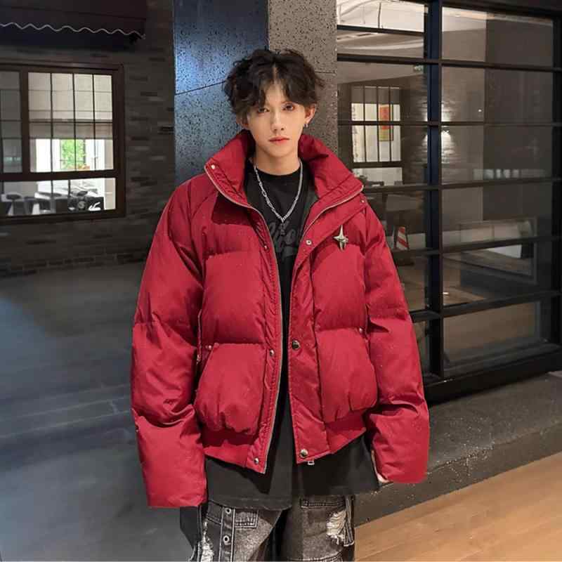 ダウンジャケット メンズ 秋冬 レッド 暖か 厚手 保暖 パフスリーブ ストリート デザイン コート 外套 アウター ボリューム スタイル