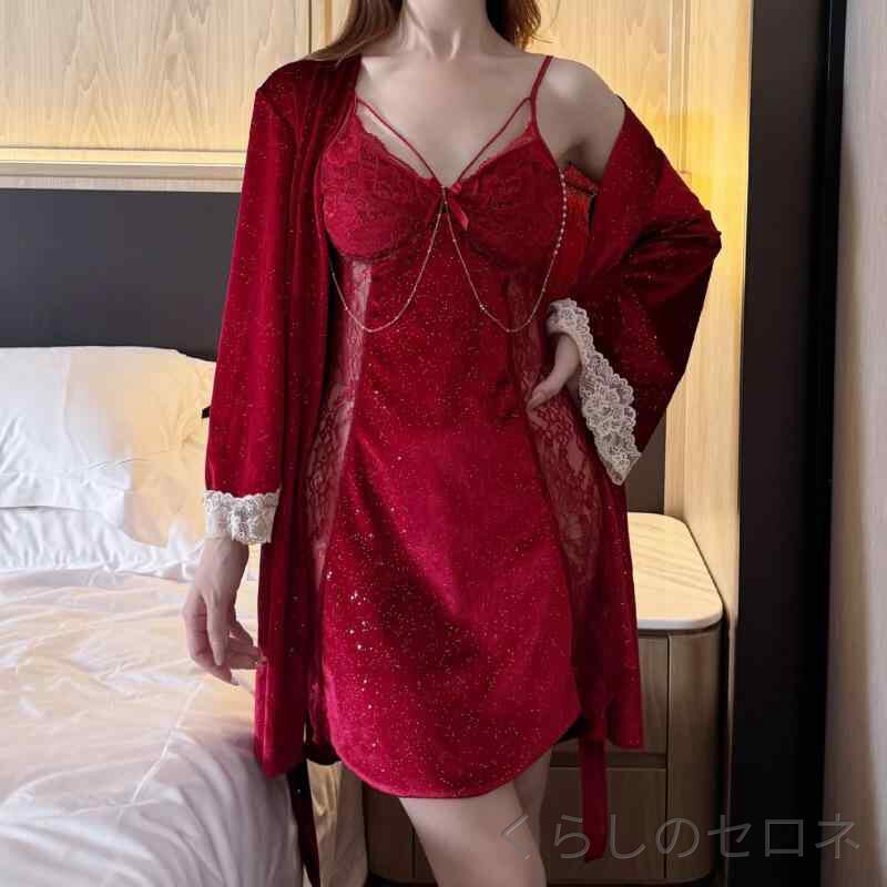 レディース セクシー キャミソール ベルベット パジャマセット ネグリジェ ガウン 2点セット 部屋着 高級感 パールチ…