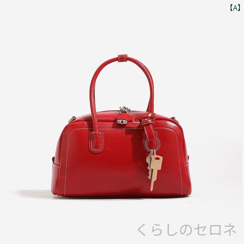 ウェディングバッグ レディース 赤 オイルレザー ボストンバッグ 鍵付き 通勤用 ハ...