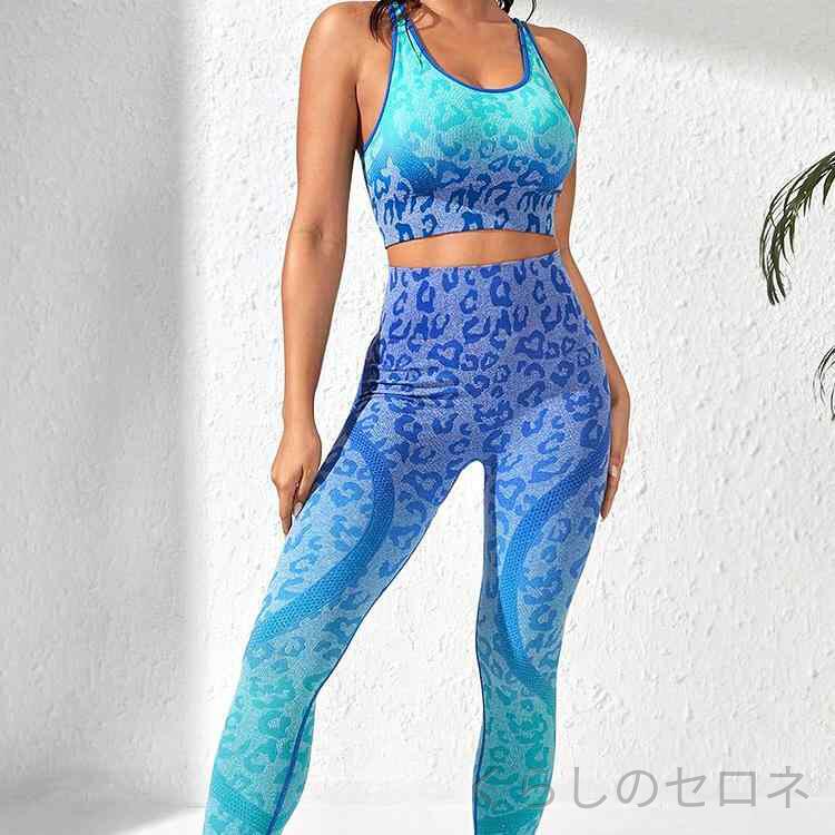 ・性別: 女性・機能: 吸湿速乾・表地: ナイロン65%・裏地: スパンデックス25%・色: ブルーグリーン・サイズ: S,M,L・袖丈: ノースリーブ・着用方法: プルオーバー・タイプ: セットアップ・ボトムスタイル: レギンス・着丈: クロップド・フィット: タイト・対象: 青年