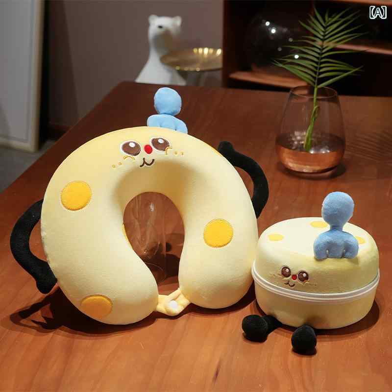 U型枕 男女兼用 記憶綿 低反発クッション 毛绒素材 ふわふわカバー カートゥーン柄 趣味美食モチーフ オフィス昼寝用 首サポート 丸型収納ボックス