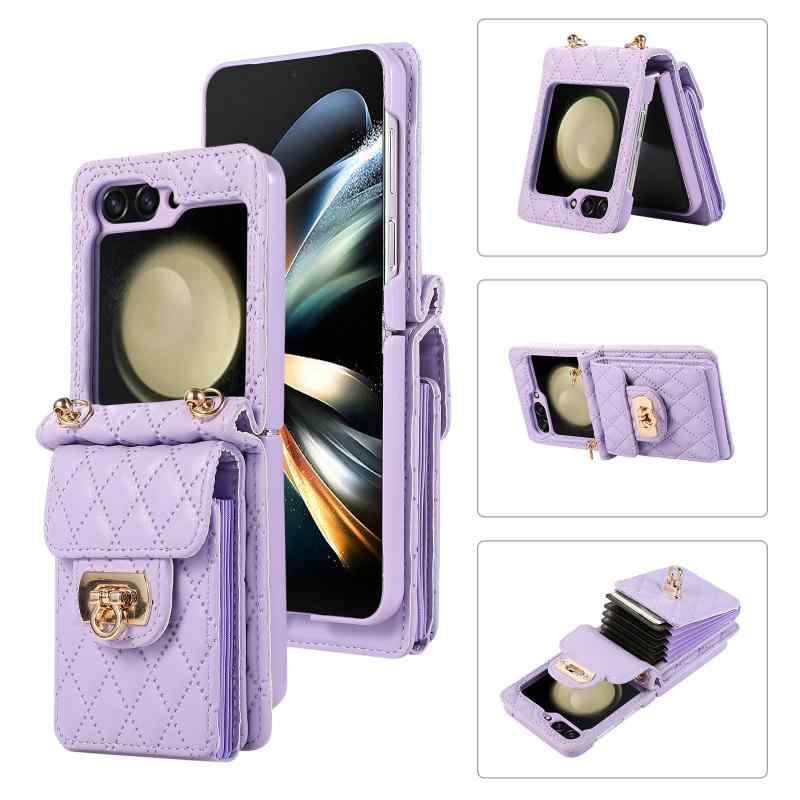 スマホケース 男女兼用 Z Flip5 Z Flip4 対応 革製 カードスロット 斜め掛けストラップ 付き 折りたたみ保護カバー 菱格柄 耐衝撃 軽量 スタイリッシュ