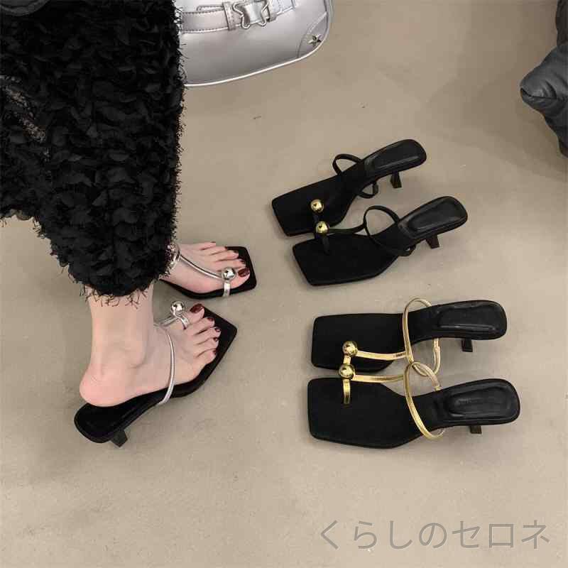 レディース サンダル ミュール トングサンダル 親指ループ ピンヒール ハイヒール 華奢 上品 きれいめ 美脚 脚長効果 大人可愛い パーティー 結婚式 外履き つっかけ ブラック 春夏