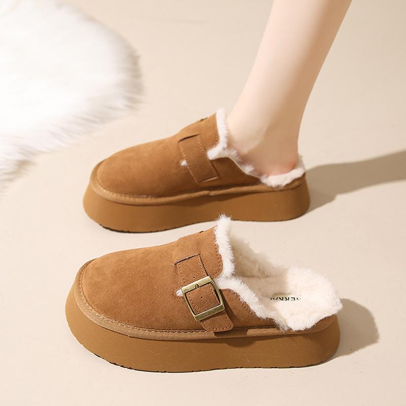 サンダル レディース 秋冬 厚底 増高 毛足 包頭 ふわふわ ハーフスリッパ 一文字 綿素材 外出用 接触冷..