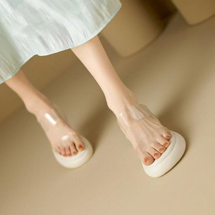 Shoes - サンダル レディース 透明 厚底 太ヒール 水晶 春夏 ヌードカラー クリスタル ヒール 女性用 外出 軽量 快適 ベージュ系 ミュール オープントゥ