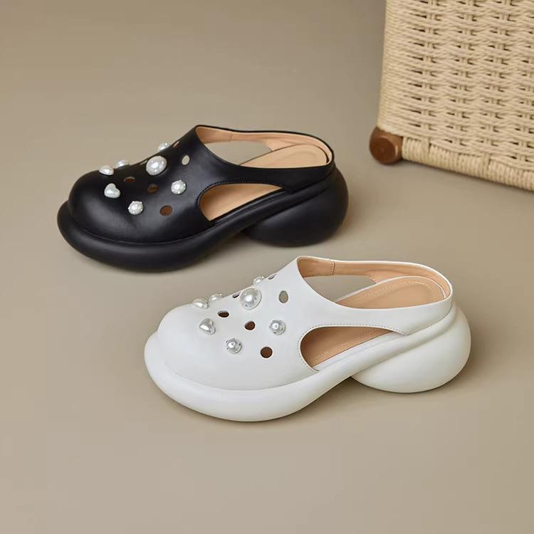 レディースサンダル 厚底 本革包頭 ハイヒール 夏用 クール 通気 洞洞 外履き 軽量 吸湿速乾