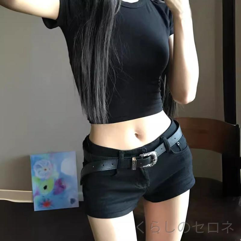 レディース ショートパンツ ホットパンツ デニム ローライズ ストレッチ タイト ブラック 美脚 美尻 スタイルアップ セクシー ギャル アメリカンスタイル サブカル 夏