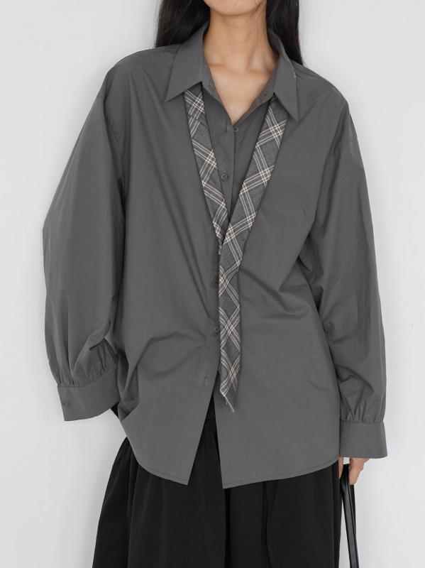 Shirts - レディース シャツ ブラウス 長袖 ネクタイ付き とろみ素材 落ち感 襟付き トップス 無地 上品 きれいめ オフィス 通勤 通学 カジュアル 秋 グレー シンプル