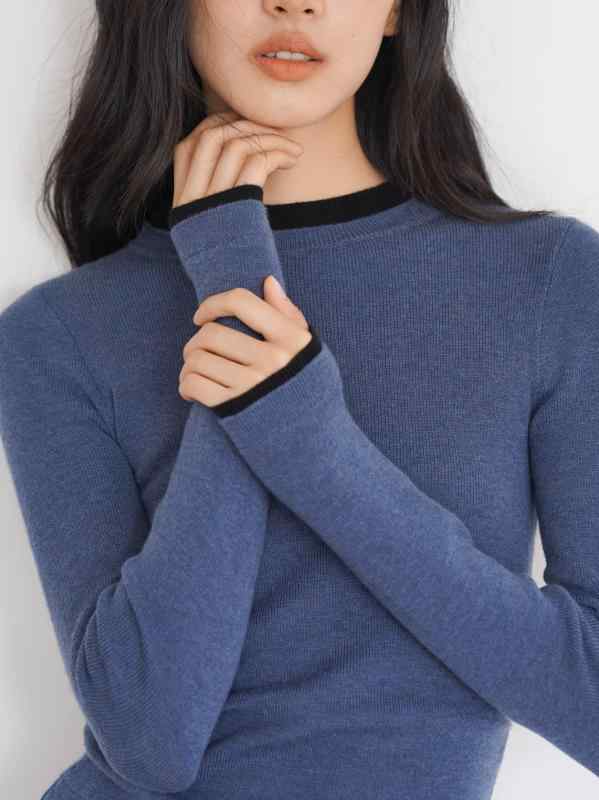 レディース ニット トップス フェイクレイヤード 重ね着風 クルーネック インナー タイト 細見え 着痩せ 長袖 上品 きれいめ 大人可愛い カジュアル 秋(4.0)