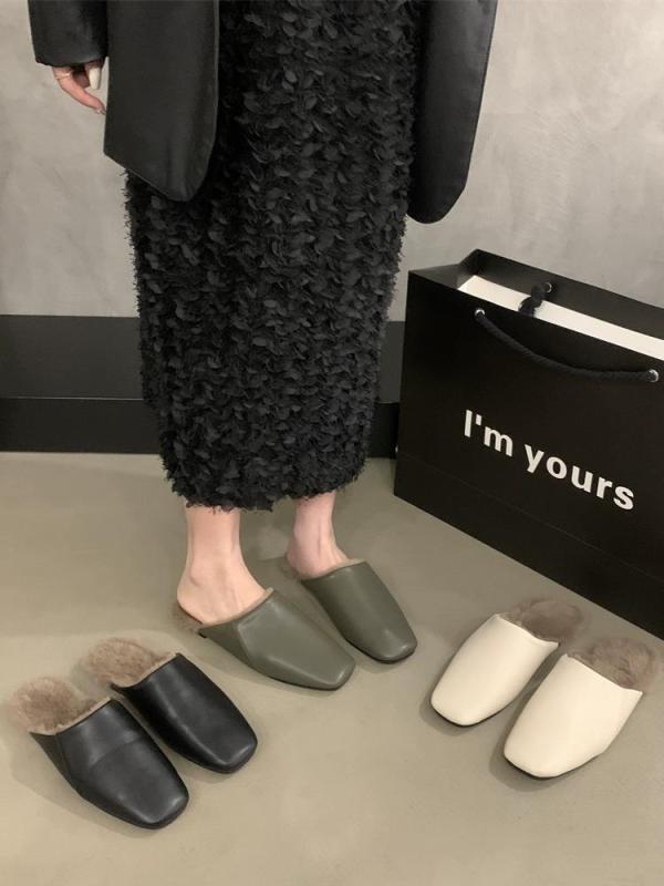 Slip-On - 秋冬 レディース ムーレットシューズ 暖か ファー 付き レトロ カジュアル ドラッグシューズ 屋内外兼用 毛足 入り 復古風 ルームシューズ 女性用 フリース 加工