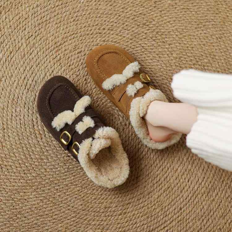 レディース 秋冬 ミュールシューズ 本革 ラムウール 起毛 厚手コットン フラット つま先カバー 屋外用 楽ちんシューズ ブローグ風 暖か 履きやすい 日常使い