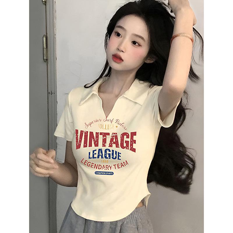 レディース ポロシャツ Tシャツ Vネック 半袖 ショート丈 ウエストマーク ラウンドヘム タイト 細見え スタイルアップ 大人可愛い トレ..