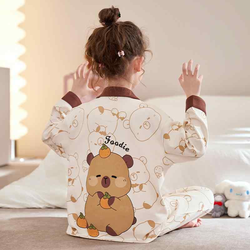 Rakuten - 女児 パジャマ カピバラ柄 長袖 綿 春秋 かわいい 部屋着 セット 開衫 卡通 女の子 中大サイズ 通年 吸湿 快適 寝巻き キッズ ホームウェア 純綿 動物プリント 春秋物 長袖トップス ボトムス 組み合わせ