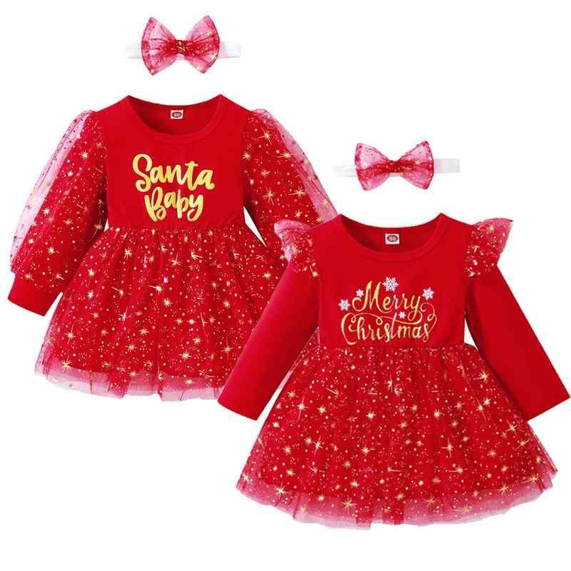 Rakuten - ワンピース キッズ 女の子 クリスマス 英語 金箔 アルファベット プリント チュール パフスリーブ ドレス 欧米風 可愛い デザイン 秋冬 向け